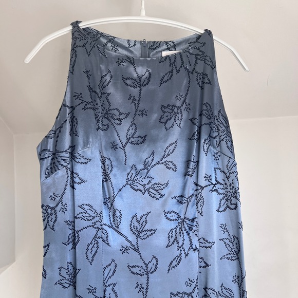 Vintage 90s Maxi Dress Velvet Flocked Floral High Neck Satin Formal Gown Gray - Picture 4 of 11